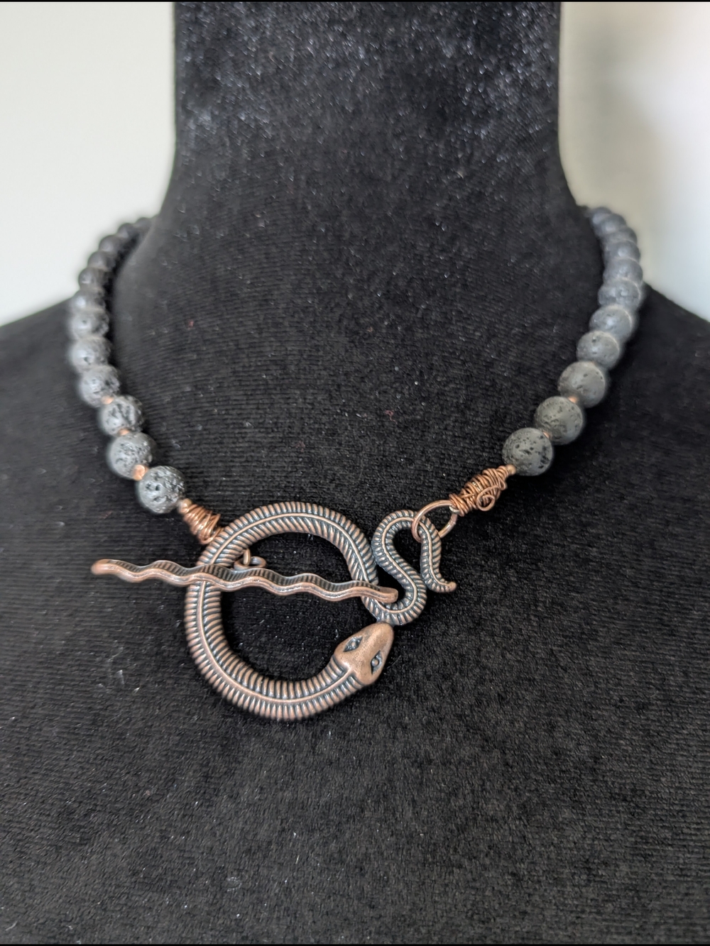 Handcrafted Snake Toggle Necklace Set With Black Lava Rock Beads and Copper